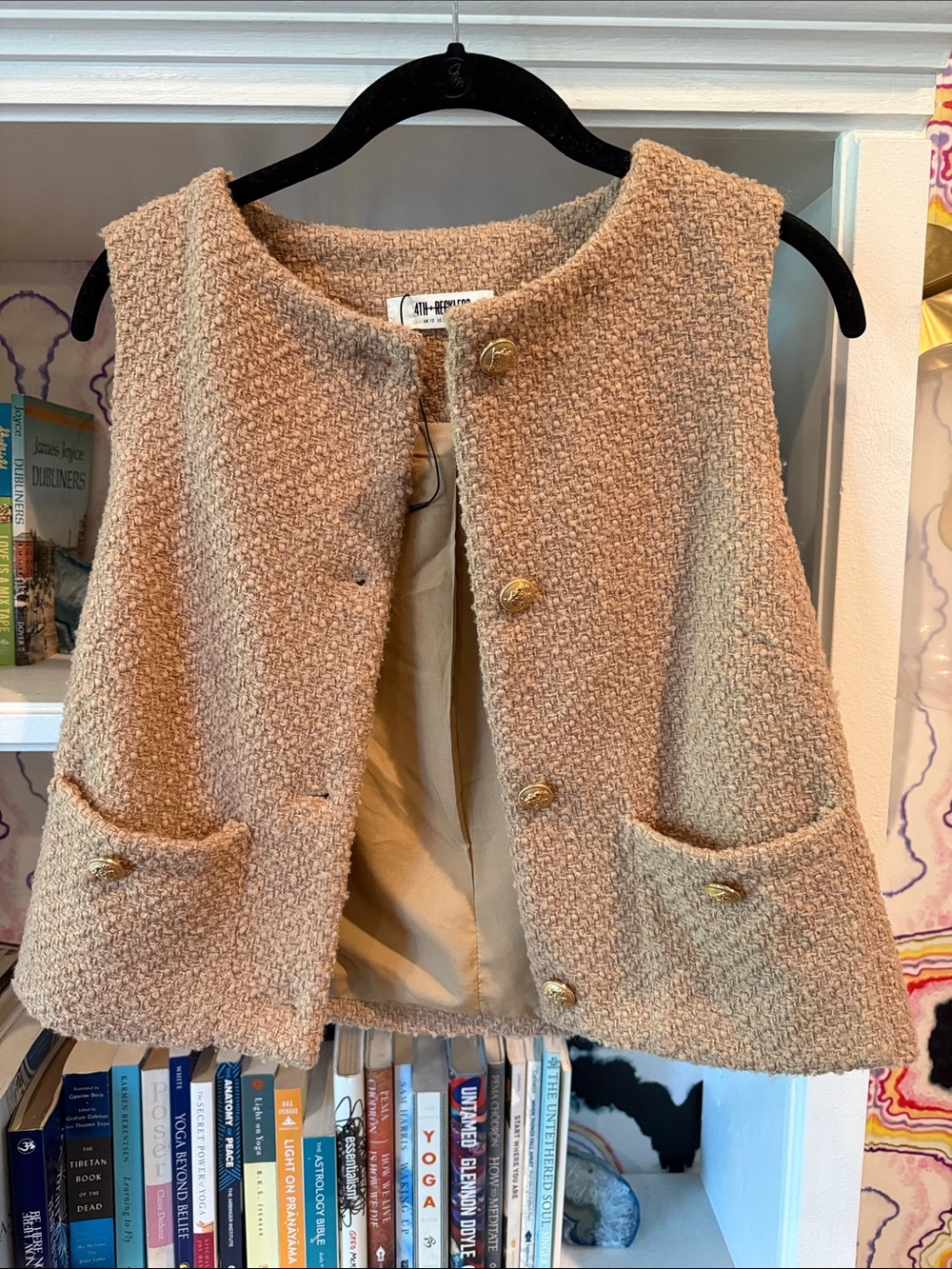 Sleeveless Bouclé Vest with Gold Buttons in Camel